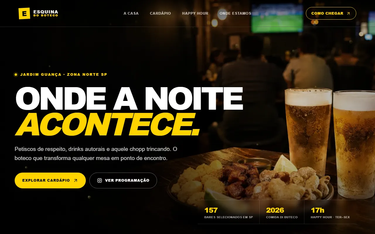 Primeira tela de esquinadoboteco.com: título "Onde a noite acontece", foto de chopp e petiscos e botões de cardápio e programação